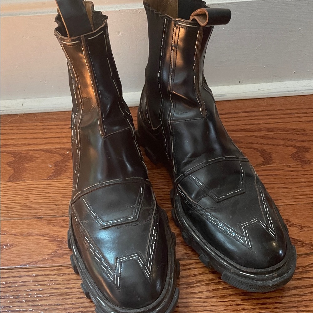 Balenciaga Black Leather Exposed Stitch Chelsea Ankle Boots with Chunky Sole